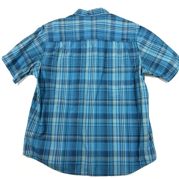 Marmot Mens Button Front Shirt Blue Plaid Short Sleeve - Picture 2 of 7